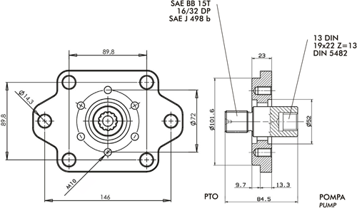 ADAPTER PTO SAE BB Z=15 - 3 HOLE PUMP DIN-2