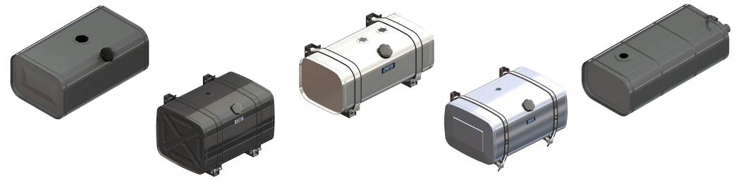 Fuel tanks of various brands and sizes.