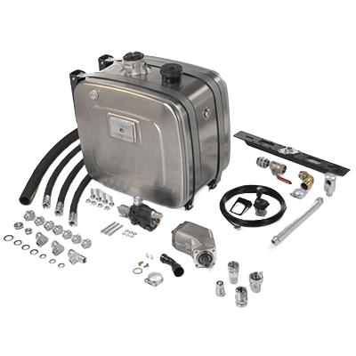 Complete hydrauliekset voor vrachtwagens, inclusief pomp, tank, leidingen en ventielen.