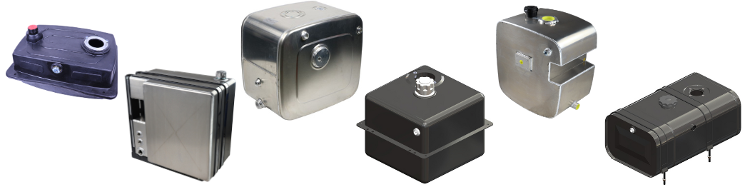 Hydraulic tanks of various brands and sizes.