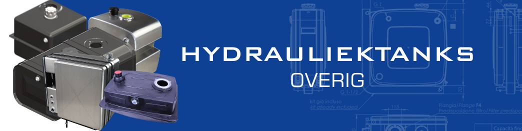 Hydrauliektanks van diverse merken en afmetingen.
