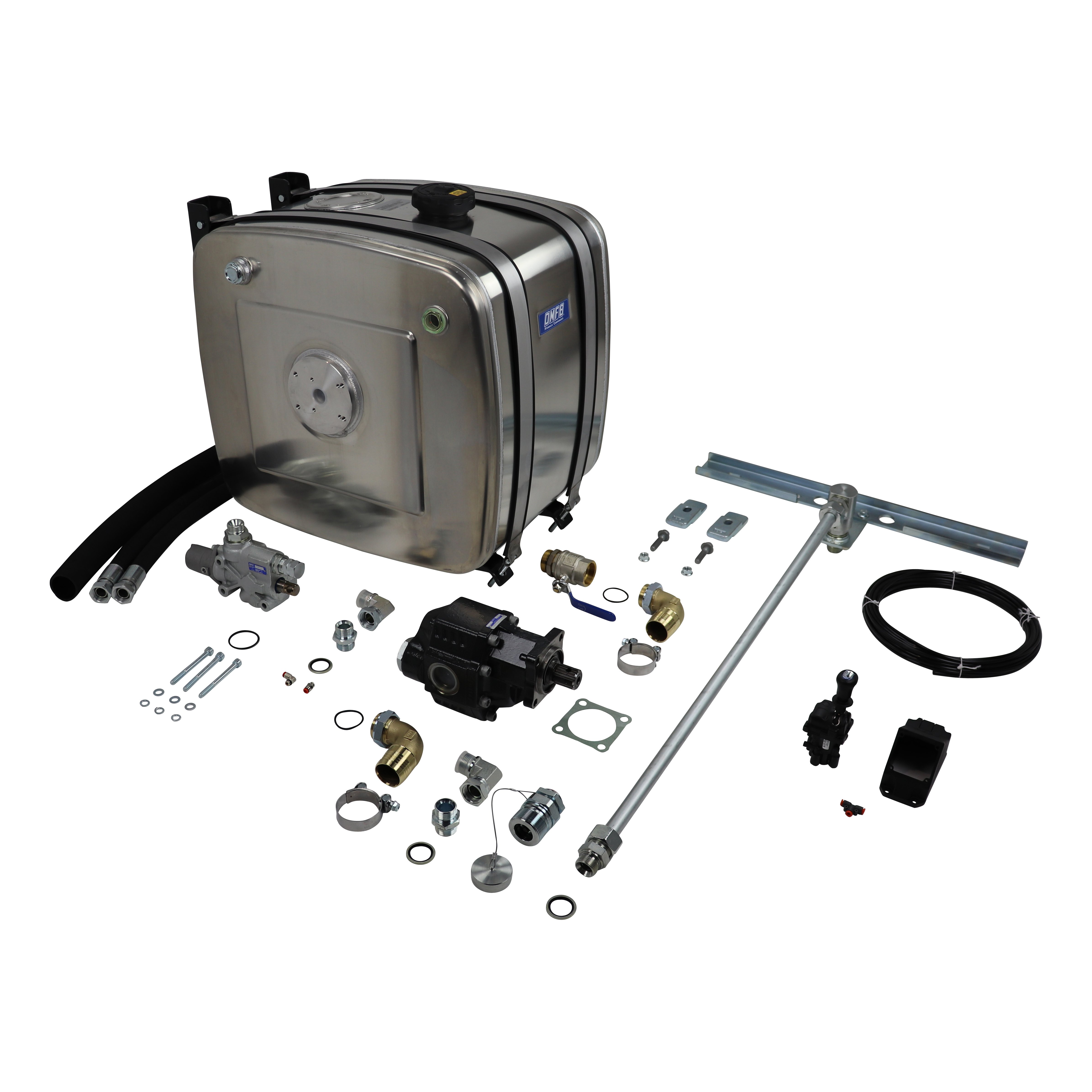 Complete hydrauliekset voor vrachtwagens, inclusief pomp, tank, leidingen en ventielen.